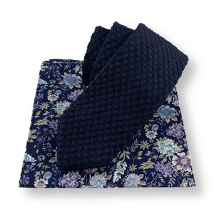 Men’s Navy Knit Necktie & Navy Floral Pocket Square